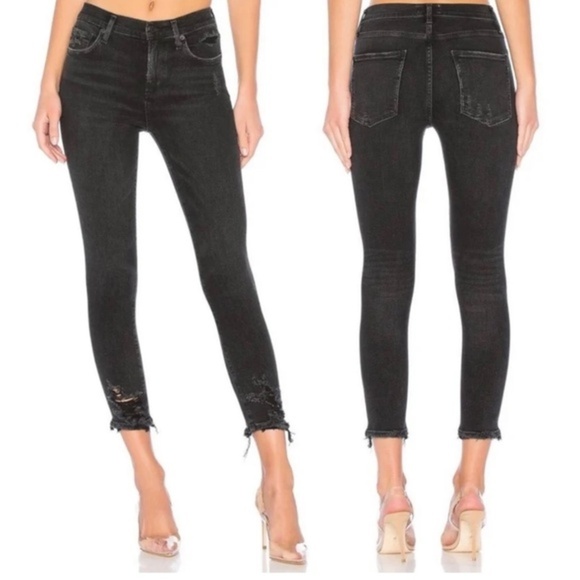 Agolde Sophie High Rise Skinny Crop Temple Washed Black Distressed Jeans - Picture 1 of 11